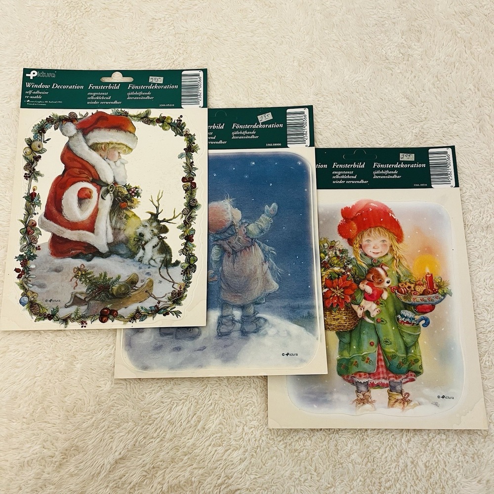 Vintage 90s Christmas Window Clings Lot 3 Germany Whimsical Santa Children Puppy